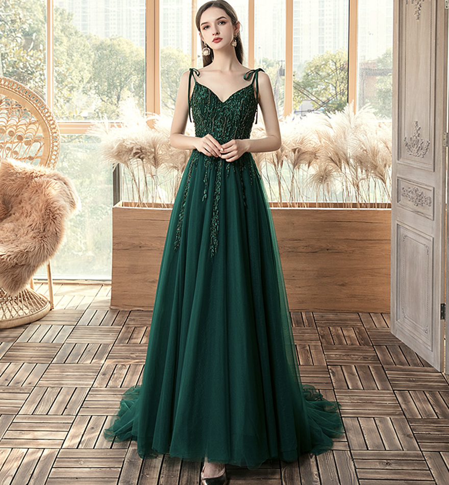 Green tulle lace long prom dress evening dress
