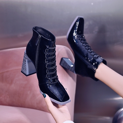 High-heeled Martin Boots 2020 New Wild Spring And Autumn Single Boots Square Toe Soft Leather Short Boots Women's Autumn And Winter Thick Heel G7542
