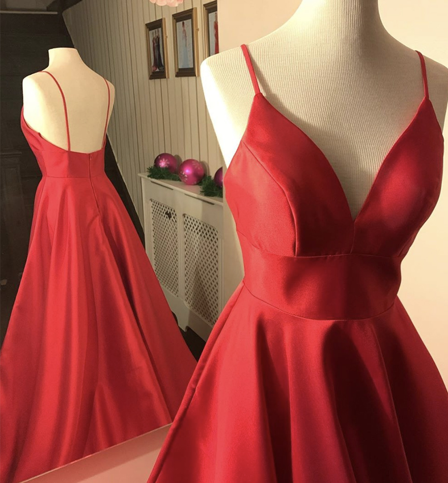 Red v neck satin long prom dress red evening dress
