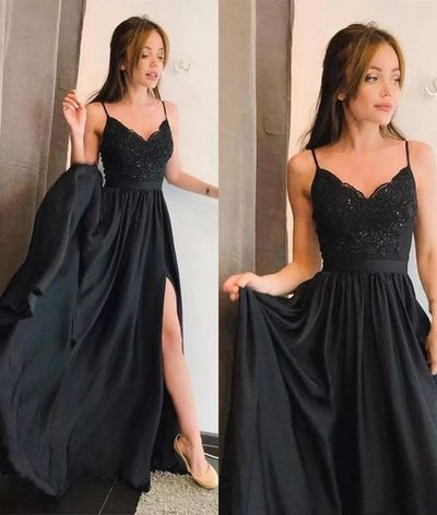 Charming A Line V Neck Spaghetti Straps Black Satin Long Prom Dress with Split