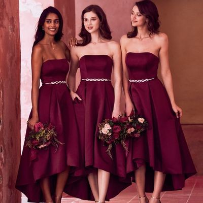 Charming a-line strapless burgundy satin high low bridesmaid dresses with pockets - Thumbnail 3
