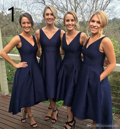 Simple Navy Burgundy Satin High Low Bridesmaid Dresses with Pockets