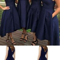 Simple Navy Burgundy Satin High Low Bridesmaid Dresses with Pockets - Thumbnail 2