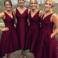 Simple Navy Burgundy Satin High Low Bridesmaid Dresses with Pockets - Thumbnail 1