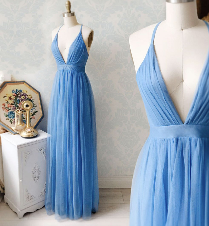 Blue tulle long prom dress simple evening dress