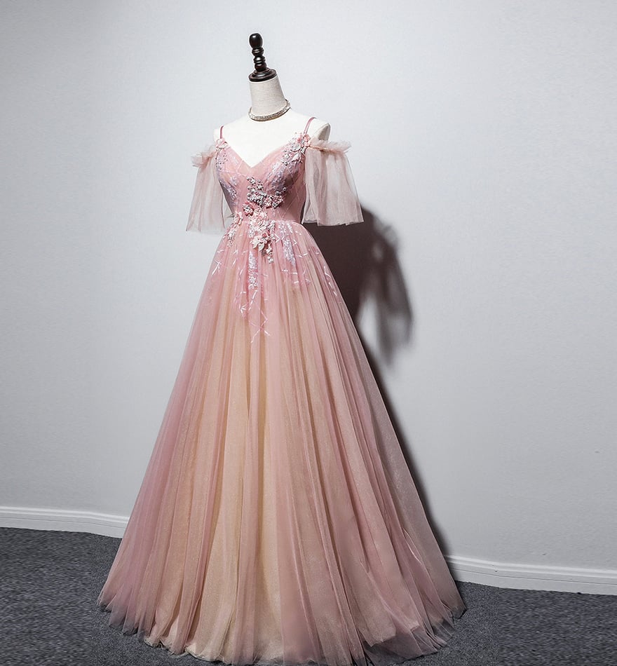 Pink v neck tulle long prom dress evening dress