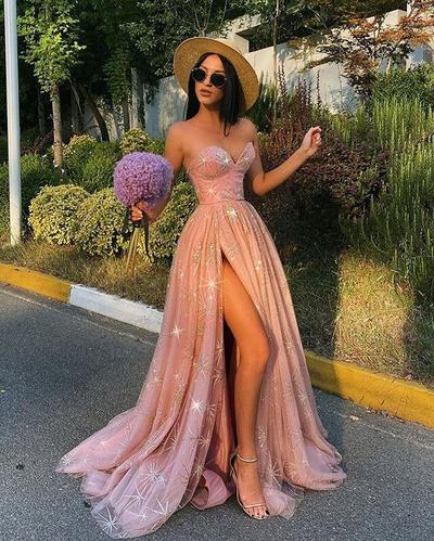 Chic A-Line Sweetheart Blush Pink Long Prom Evening Dresses with Split,Formal Party Dresses