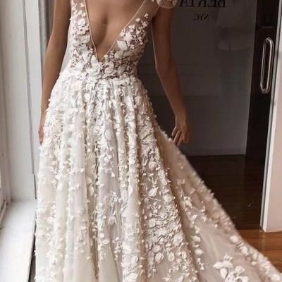 Romantic a-line v neck cap sleeve white lace wedding dresses,bridal gown 2020-2021 - Thumbnail 2