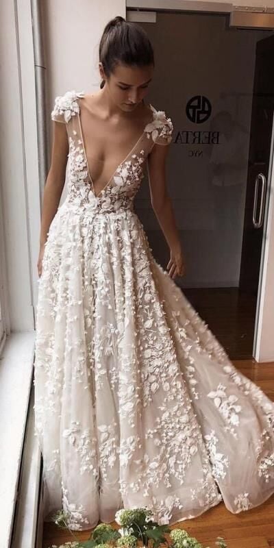Romantic A-Line V Neck Cap Sleeve White Lace Wedding Dresses,Bridal Gown 2020-2021
