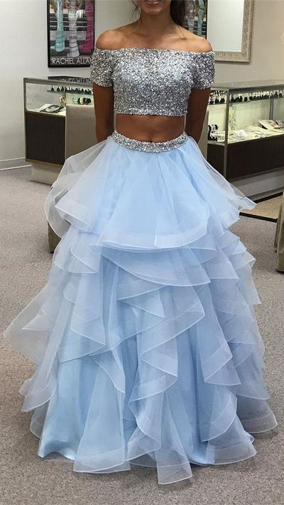 SP1325,Hot Sell Two Piece Sky Blue Prom Dresses With Beaded