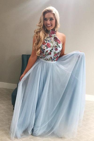 SP1327,Light Blue Tulle Halter Embriodery Long Prom Dress,Elegant Homecoming Dress