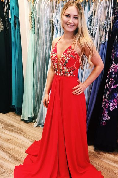 SP1330,Red Chiffon Halter Prom Dresses,V-Neck Embroidery Sheath Evening Dresses,Sleeveless Red Party Gown