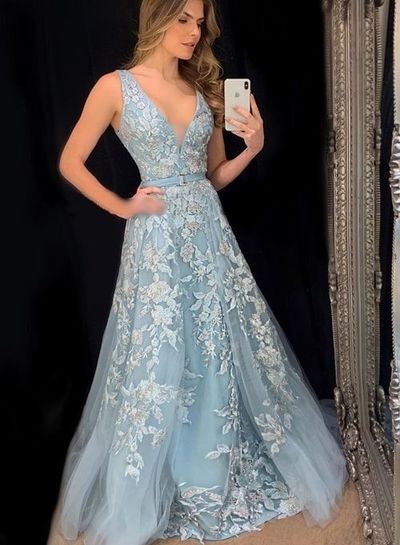 SP1335,Charming Light Blue A-line Prom Dresses,Lace Evening Dresses,V-neck Tulle Applique Party Evening Gown