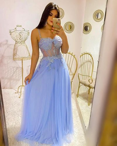 SP1337,Charming Sexy Spaghetti Straps Chiffon Evening Party Dress,Blue Appliques Long Prom Dress