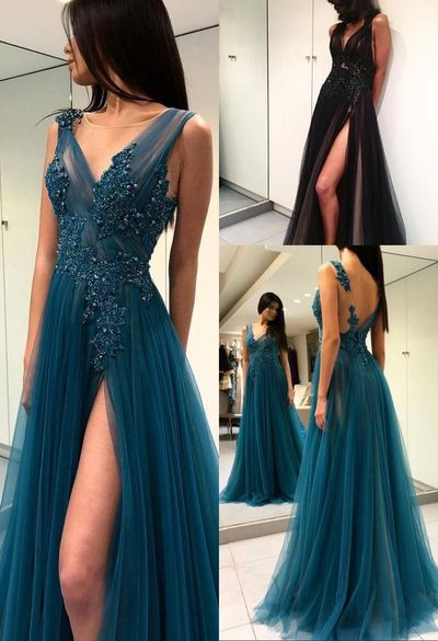 SP1342,Tulle Lace Long Prom Dress, Lace Evening Dress Ball Dress Special Occasion Dress A-Line Two Straps V-Neck Appliqued Tulle Long Prom Dresses