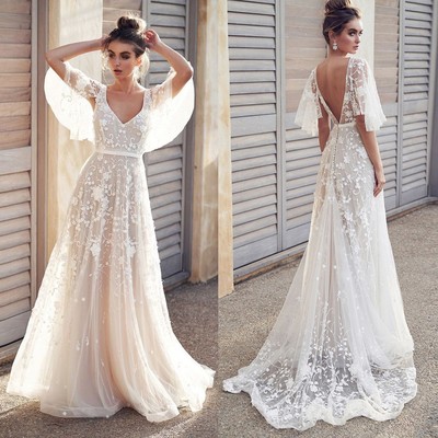 SP1343,Lace Prom Dresses,V-Neck Short Sleeve Prom Dresses,Classical Appliques Evening Dresses