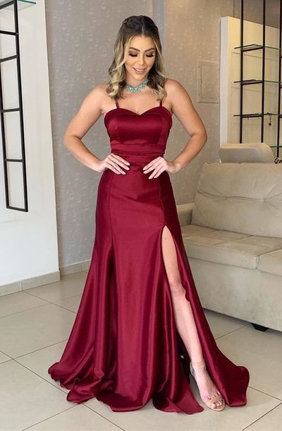 SP1347,Burgundy Spaghetti Straps Long Prom Dresses,Sweetheart Evening Dress with Side Slit