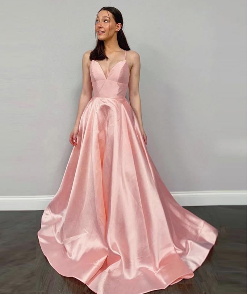 Pink satin long prom dress pink evening dress