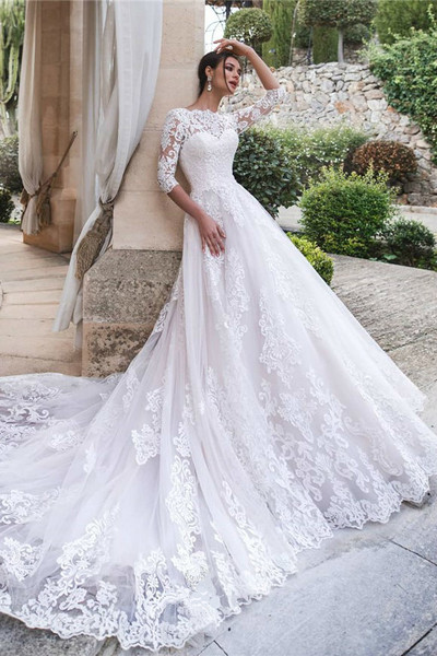 Charming Cathedral Train White Lace Bridal Dresses with Long Sleeves vestido de boda