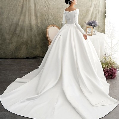 White satin ball gown wedding dress long sleeve scoop neckline - Thumbnail 4