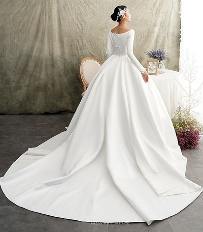 White Satin Ball Gown Wedding Dress Long Sleeve Scoop Neckline