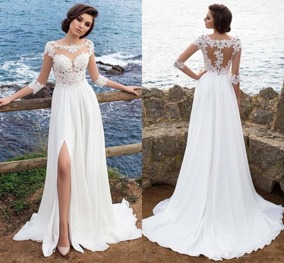 Illusion Appliques Sleeves Beach Wedding Dresses with Chiffon Skirt