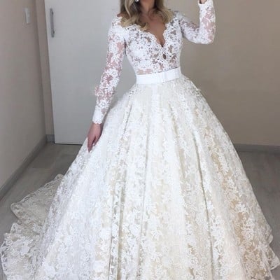 Ball gown retro lace wedding dresses with long sleeves - Thumbnail 2