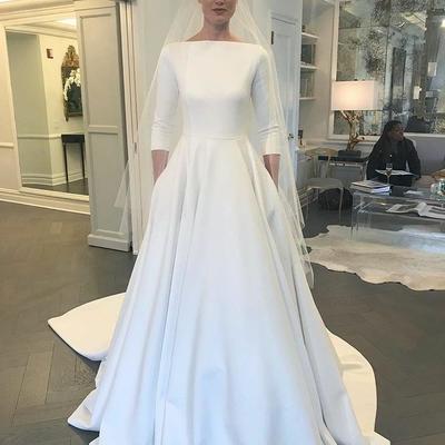 Boat neck 3/4 sleeves satin wedding gown with pockets - Thumbnail 4