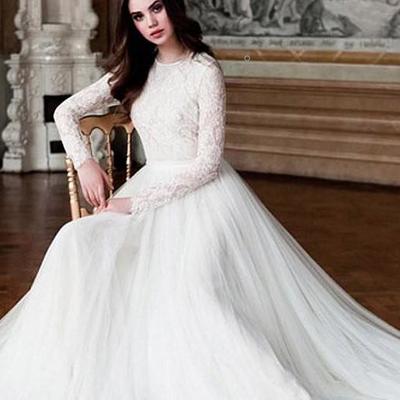 Elegant a-line wedding dresses long sleeve lace bridal dress with tulle skirt - Thumbnail 3