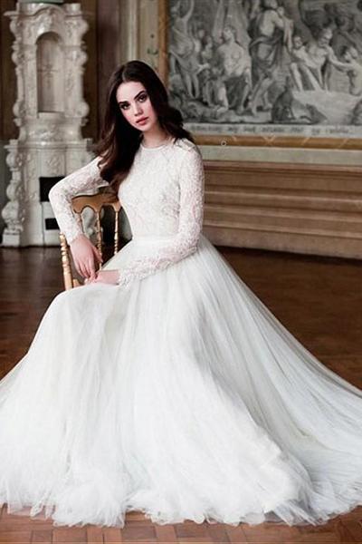 Elegant A-Line Wedding Dresses Long Sleeve Lace Bridal Dress with Tulle Skirt