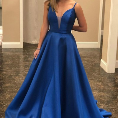 V neckline satin royal blue prom dresses with lace-up back - Thumbnail 3
