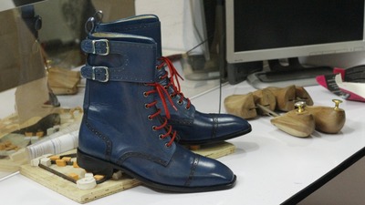 Handmade Blue Cap Toe Leather Double Monk Ankle High Boot,Men's Boot,Oxford Boot