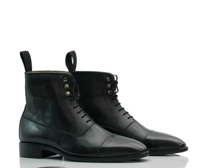 Handmade Black Ankle Cap Toe Boot,Leather Lace Up Boot,Dress Boot