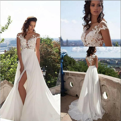 Charming a-line cap sleeve chiffon skirt beach wedding dresses with lace appliques,custom made lace bridal dresses - Thumbnail 4