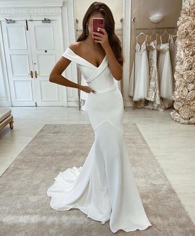 Simple Mermaid Off the Shoulder White Soft Satin Wedding Dresses