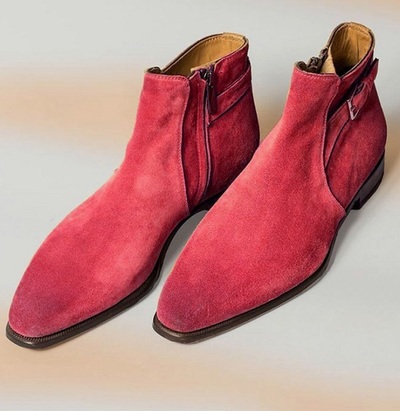 New Handmade Red Suede Zip And Buckle Fashion Boot, New Men Fashion Boot