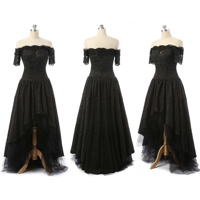 Off-the-shoulder High Low Prom Dresses, Asymmetrical Gothic Black Wedding Dresses, Short Sleeve Lace Prom Dress,672
