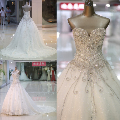 Long wedding dress,sweetheart wedding dress,lace up back wedding dress,princess wedding dress,formal sparkly wedding dress ,676