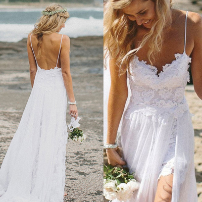 Bohemian sheath v neck spaghetti straps white lace long wedding dresses with split - Thumbnail 4