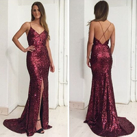 Charming Mermaid V Neck Spaghetti Straps Burgundy Sequins Prom Dresses, Split Evening Party Dresses - Thumbnail 1