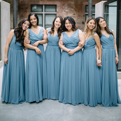 Dusty Blue V Neck Chiffon Bridesmaid Dresses under 100 for Wedding Party