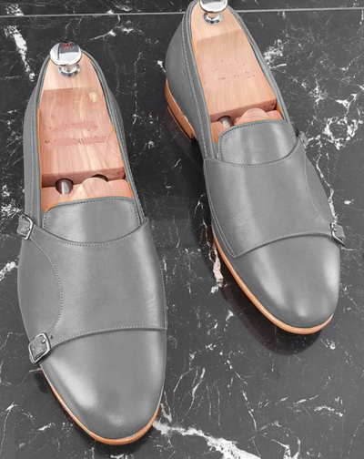 Handmade Grey Double Monk Strap Leather Men's Formal Wear Shoes