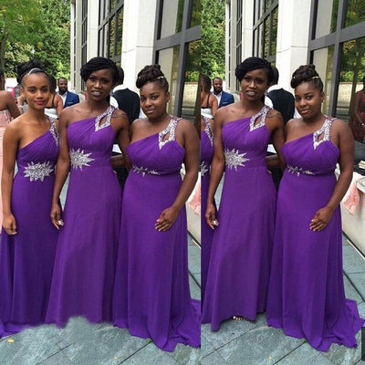 One Shoulder Purple Bridesmaid Dresses with Rhinestones