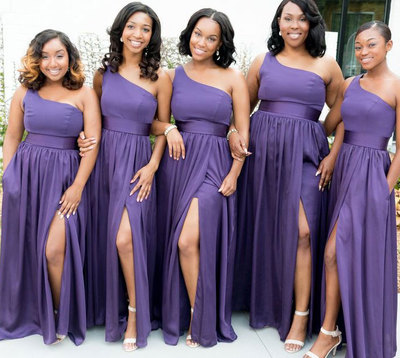 One Shoulder Purple Long Bridesmaid Dresses with Split