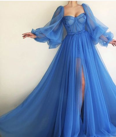 Sweetheart Blue Long Sleeves Applique Tulle Prom Dress,Sexy Side Slit Sweep Train Evening Party Dresses