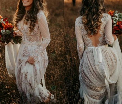 Bohemian & Fairy A Line V Neck Long Sleeves White Dot Tulle Wedding Dresses with Lace