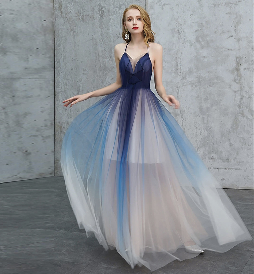 Blue v neck tulle long prom dress blue evening dress