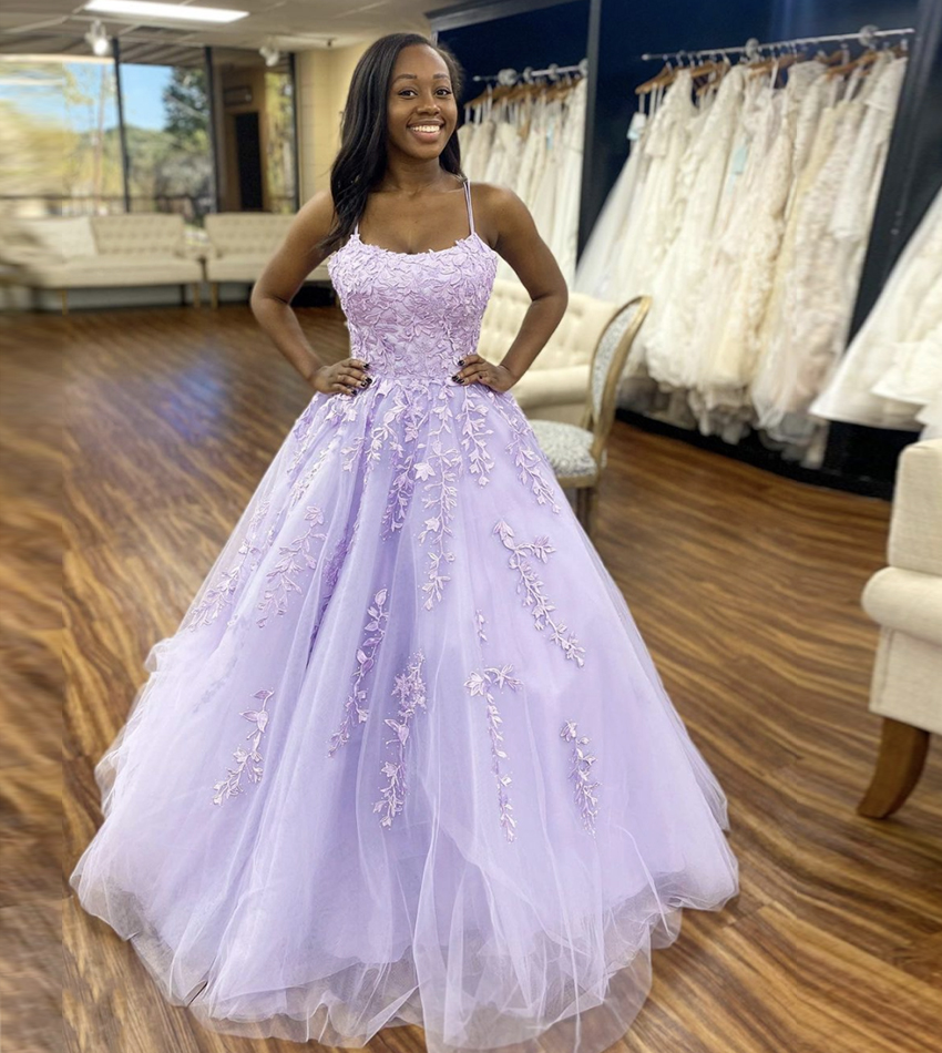 Purple tulle lace long prom dress evening dress
