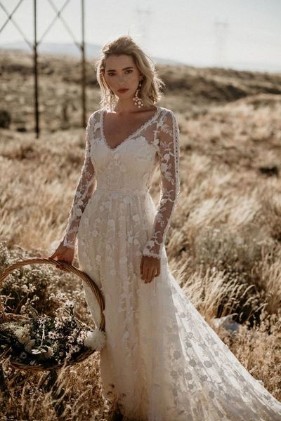 Vintage A-Line V Neck Long Sleeve Lace Boho Wedding Dresses,Lace Appliques Bridal Gown