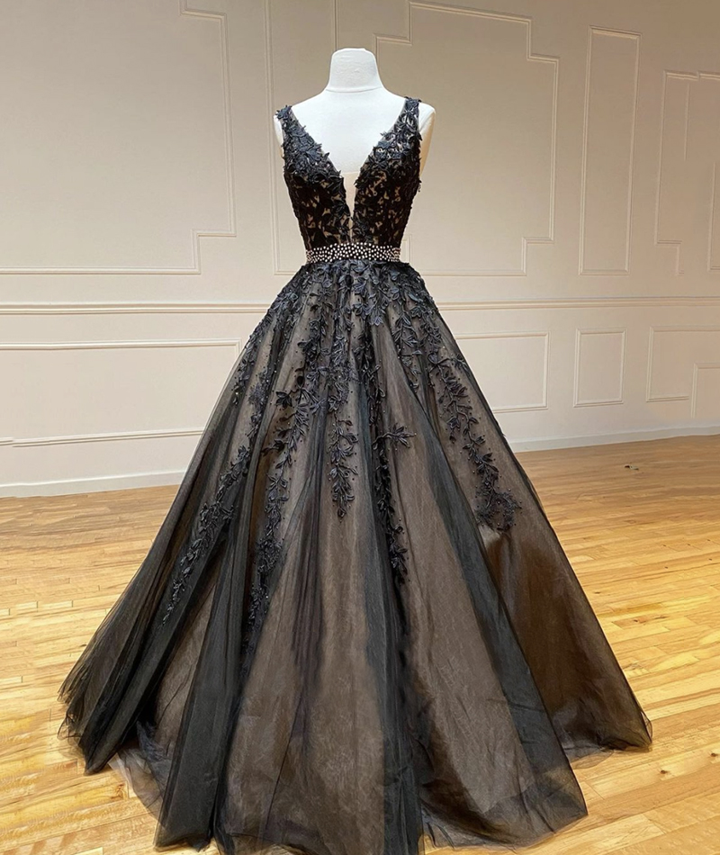 Black lace long prom dress A line evening dress